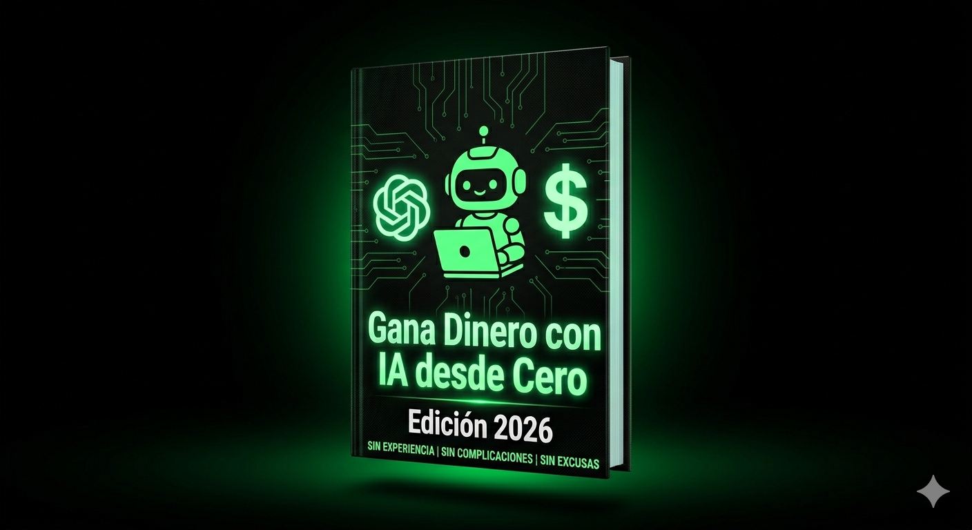 Mockup 3D ebook Gana Dinero con IA desde Cero 2026 con portada verde neón sobre fondo negro