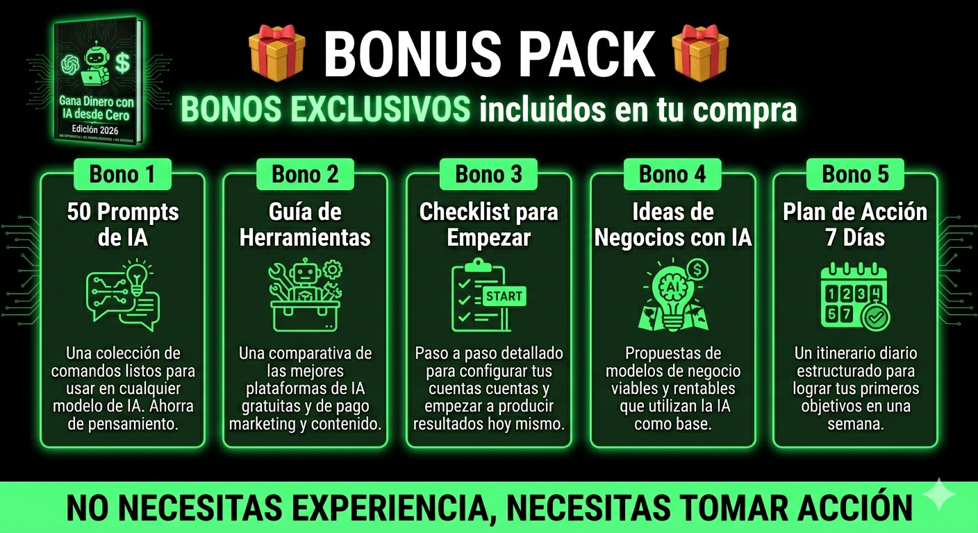 Bonus Pack incluido: 50 prompts de IA, guía de herramientas, checklist para empezar, ideas de negocios con IA, plan de acción 7 días